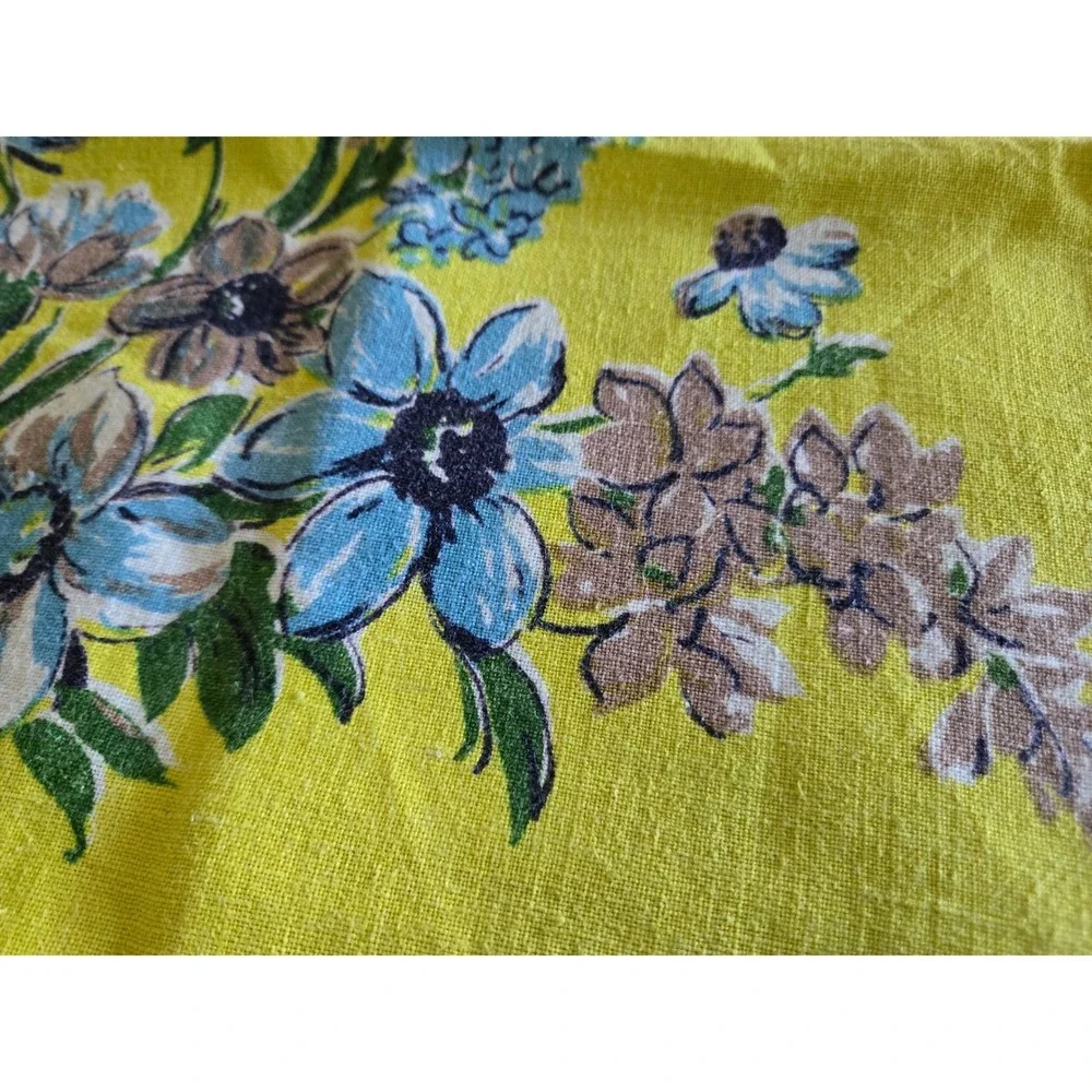 Vintage Yellow Linen Tablecloth Floral Print 49x52 Rectangle MCM Retro